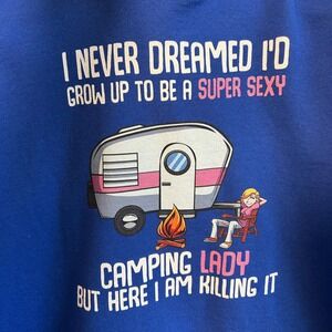 Port & Company M FUNNY Super Sexy Camping Lady Hoodie Royal Blue Sweatshirt Camp